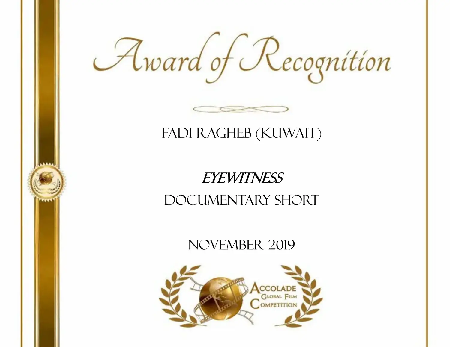 Eyewitness international documentary festival certificate 2019