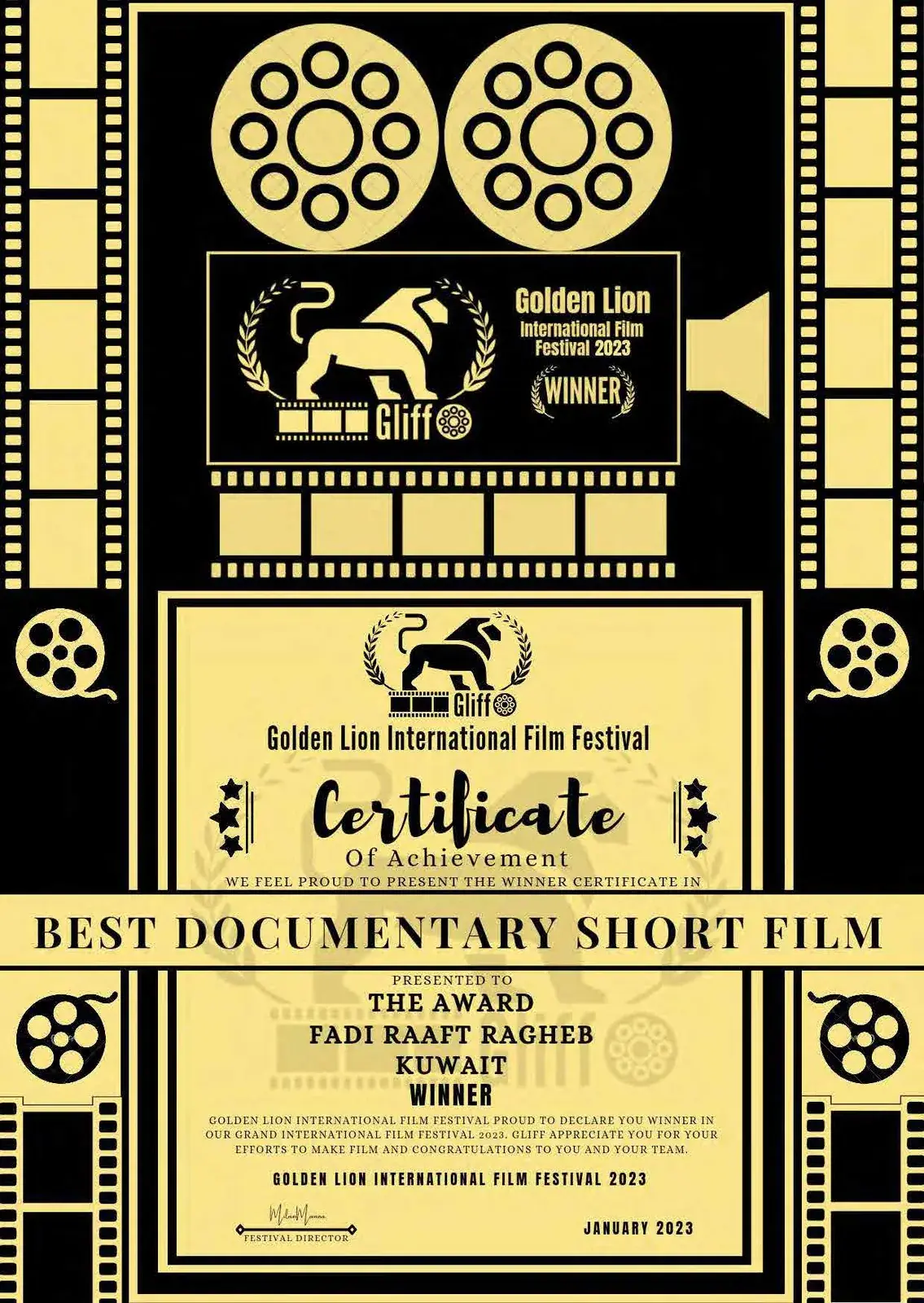 The Award Best Documentary Short Film winner at Golden Lion International Film Festival 2023